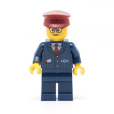 LEGO trn115a - Tram Driver (Dark Blue Suit with Train Logo, Dark Blue Legs, Dark Red Hat, Rounded Glasses)